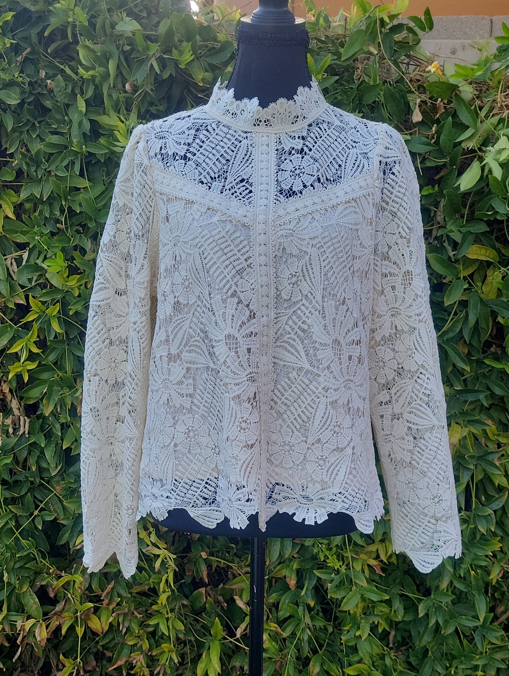 Cream Lace High-Neck Boho Victorian Long Sleeve Blouse L